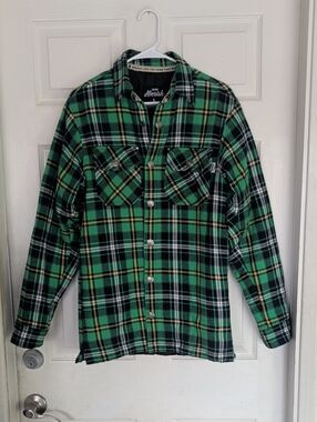 Men's Jiberish Plaid Shacket Flannel Button Jacket sz Large Green